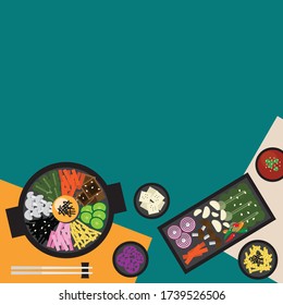 Korean food set on the table concept. Template for wallpaper, banner, web design, layout, advertising and decorations. Top view flat style vector illustration.