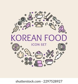 Korean Food Sign Round Design Template Color Thin Line Icon Banner for Restaurant. Vector illustration of Asian Cuisine