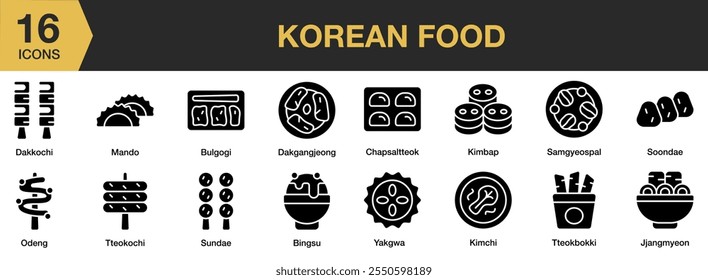 Coreano Comida ícone sólido conjunto. Inclui mando, bulgogi, sundae, tteokkochi, odeng, kimchi, kimbap e muito mais. Coleção vetorial de ícones sólidos.