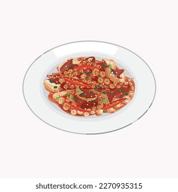 Korean food Spicy stir-fried octopus on a plate.