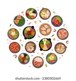 Korean Food Tasty Dish Round Composition Design Vector Template