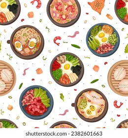 Korean Food Tasty Dish Seamless Pattern Design Vector Template