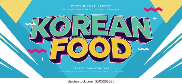 Korean food  text effect on blue background, 3d teal and yellow vector graphic style