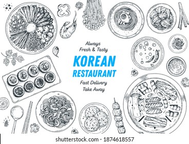 Koreanisches Essen, Draufsicht. Handgezeichnete Skizze. Bibimbap, Kimchi, Kimbap, Nudeln, Skewers. Koreanisches Essen auf der Straße, nehmen Sie Menüdesign weg. Vektorgrafik.