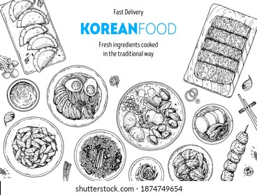 Korean food top view illustration. Hand drawn sketch. Ramen, kimchi, noodles, skewers, tteokbokki. Korean street food, take away menu design. Vector illustration. Black and white. Engraved style. 