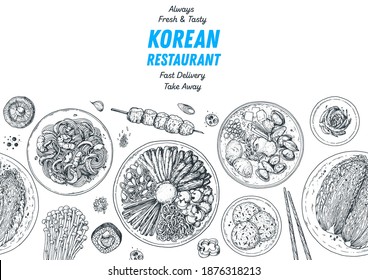 Korean food top view illustration. Hand drawn sketch. Bibimbap, kimchi, ramen, noodles, skewers. Korean street food, take away menu design. Vector illustration.