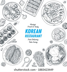 Korean food top view illustration. Hand drawn sketch. Kimchi, kimbap, noodles, skewers, wagyu, samgyetang, jjigae. Korean street food, take away menu design. Vector illustration.