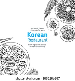 Korean food top view illustration. Hand drawn sketch. Korean street food, take away menu design. Vector illustration.