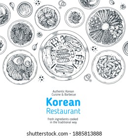 Korean food top view illustration. Hand drawn sketch. Korean street food, take away menu design. Vector illustration.