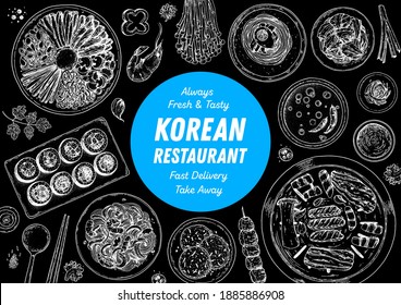 Korean food top view illustration. Hand drawn sketch. Bibimbap, kimchi, kimbap, noodles, skewers. Korean street food, take away menu design. Vector illustration.