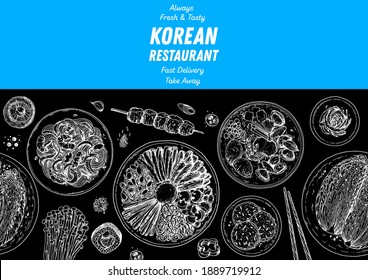 Korean food top view illustration. Hand drawn sketch. Bibimbap, kimchi, ramen, noodles, skewers. Korean street food, take away menu design. Vector illustration.