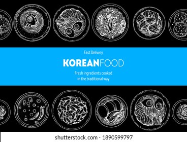 Korean food top view illustration. Hand drawn sketch. Korean street food, take away menu design. Vector illustration.