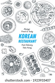 Korean food top view illustration. Hand drawn sketch. Bibimbap, kimchi, kimbap, noodles, skewers. Korean street food, take away menu design. Vector illustration.