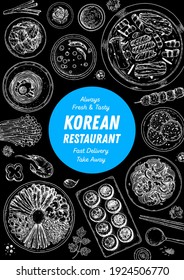 Korean food top view illustration. Hand drawn sketch. Bibimbap, kimchi, kimbap, noodles, skewers. Korean street food, take away menu design. Vector illustration.