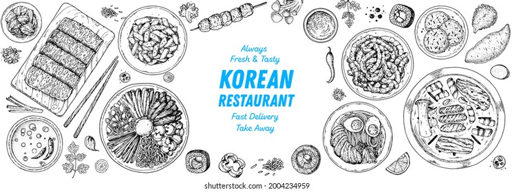 Korean food top view illustration. Hand drawn sketch. Bibimbap, kimchi, kimbap, noodles, skewers. Korean street food, take away menu design. Vector illustration.