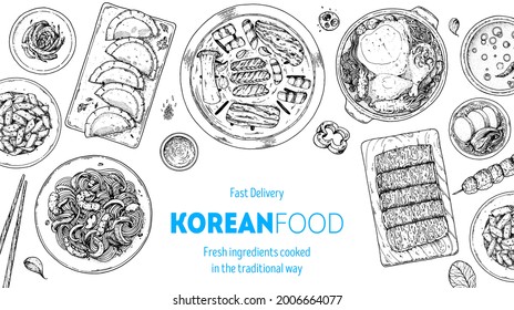 Korean food top view illustration. Hand drawn sketch. Samgyetang, mandu, japchae, tteokbokki, wagyu beef, noodles, skewers. Korean street food, take away menu design. Vector illustration.