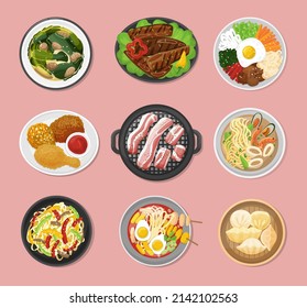 Korean Food Top View. Vegetarian Dinner Lunch, Meal In Bowl And Plates. Asian Bbq, Traditional Oriental Kimchi Soup And Noodles, Neoteric Vector Kit