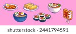 Korean food with tteokbokki and bibimbap meal icon vector. Asian rice and noodle in restaurant bowl or plate. Popular spicy thai and japanese cuisine cooked with egg. Cute line drawing snack set