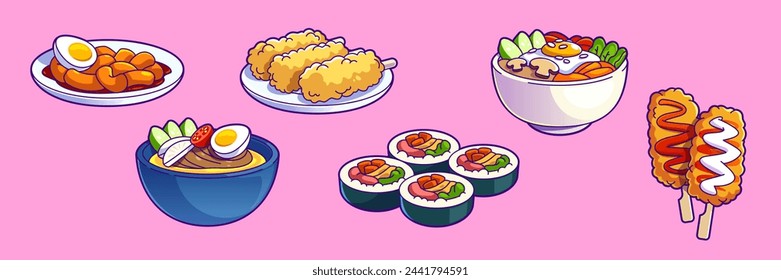 Korean food with tteokbokki and bibimbap meal icon vector. Asian rice and noodle in restaurant bowl or plate. Popular spicy thai and japanese cuisine cooked with egg. Cute line drawing snack set