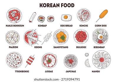Colección de dibujo de Vector de comida coreana. Dibujado a mano vista superior platos de comida coreana ilustración de boceto de Vector.