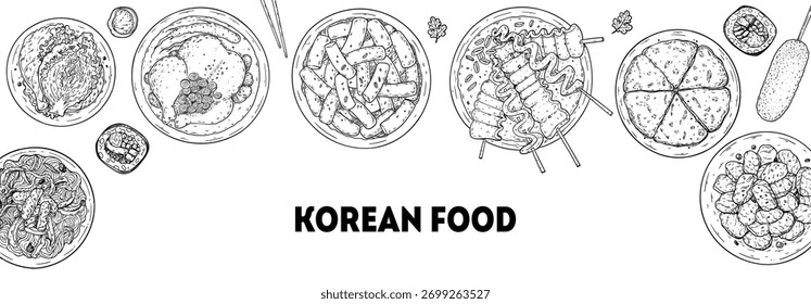 Quadro de desenho de vetor alimentar coreano. Vista superior desenhada à mão pratos de comida coreanos esboço de vetor ilustração. Japchae, kimchi, samgyetang, tteokbokki, odeng, pajeon, cão de milho, bulgogi, kimbap
