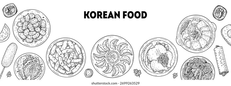 Koreanischer Essensvektor-Zeichnungsrahmen. Handgezeichnete Draufsicht Koreanische Speisen Vektorskizze Illustration. Bulgogi, maishund, kimchi, mandu, knödel, samgyetang, jjigae, japchae, kimbap