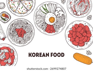 Marco coreano del dibujo del Vector de la comida. Dibujado a mano vista superior platos de comida coreana ilustración de boceto de Vector. Nakji bokkeum, kimbap, japchae, pajeon, bibimbap, bulgogi, kimchi, perro de maíz