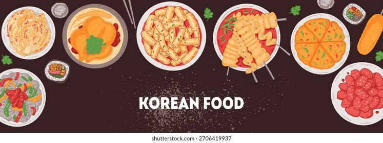 Quadro de desenho de vetor alimentar coreano. Vista superior desenhada à mão pratos de comida coreanos esboço de vetor ilustração. Japchae, kimchi, samgyetang, tteokbokki, odeng, pajeon, cão de milho, bulgogi, kimbap