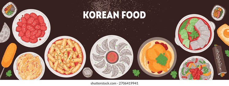 Marco coreano del dibujo del Vector de la comida. Dibujado a mano vista superior platos de comida coreana ilustración de boceto de Vector. Bulgogi, perro de maíz, kimchi, mandu, dumpling, samgyetang, jjigae, japchae, kimbap