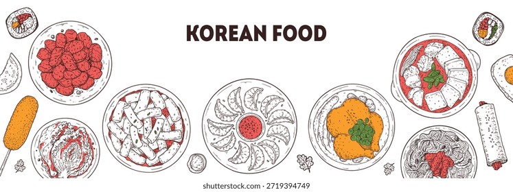 Marco coreano del dibujo del Vector de la comida. Dibujado a mano vista superior platos de comida coreana ilustración de boceto de Vector. Bulgogi, perro de maíz, kimchi, mandu, dumpling, samgyetang, jjigae, japchae, kimbap