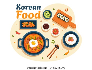 Korean Food Vector Illustration featuring a Set Menu of Various Traditional and Delicious National Dishes in a Flat Cartoon Style Background