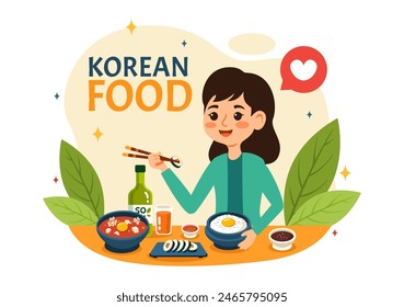 Korean Food Vector Illustration featuring a Set Menu of Various Traditional and Delicious National Dishes in a Flat Cartoon Style Background