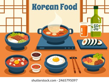 Ilustración vectorial de comida coreana con un menú fijo de varios platos nacionales tradicionales y deliciosos en un fondo plano de dibujos animados