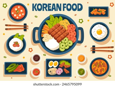 Korean Food Vector Illustration featuring a Set Menu of Various Traditional and Delicious National Dishes in a Flat Cartoon Style Background