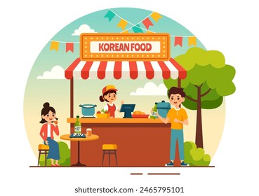 Ilustración vectorial de comida coreana con un menú fijo de varios platos nacionales tradicionales y deliciosos en un fondo plano de dibujos animados