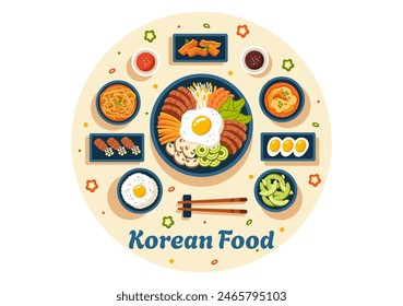 Korean Food Vector Illustration featuring a Set Menu of Various Traditional and Delicious National Dishes in a Flat Cartoon Style Background