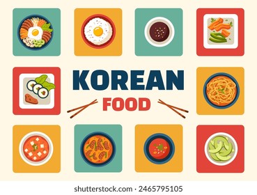 Korean Food Vector Illustration featuring a Set Menu of Various Traditional and Delicious National Dishes in a Flat Cartoon Style Background