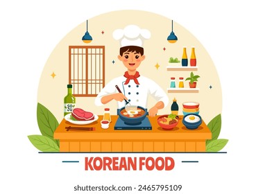 Korean Food Vector Illustration featuring a Set Menu of Various Traditional and Delicious National Dishes in a Flat Cartoon Style Background