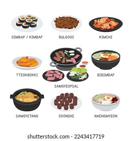 Korean Food vector set. Set of famous dishes in Korea flat vector illustration, clipart cartoon. Kimchi, Sundae, Tteokbokki, Bulgogi, Kimbap. Asian food. Korean cuisine. Korean foods vector design