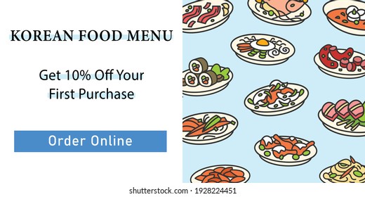 Korean food web banner. Set of traditional korean dishes template for landing, web page, layout.Eastern meal, meat, vegetables,sauces. Asian food and korean cuisine website interface idea with icons