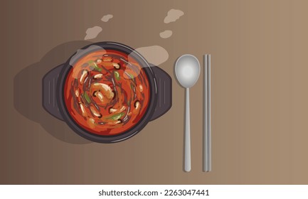 korean food yukgaejang, beef stew, hot spicy meat stew illustration, vector