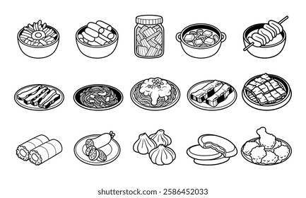 Korean foods outline vector illustration set