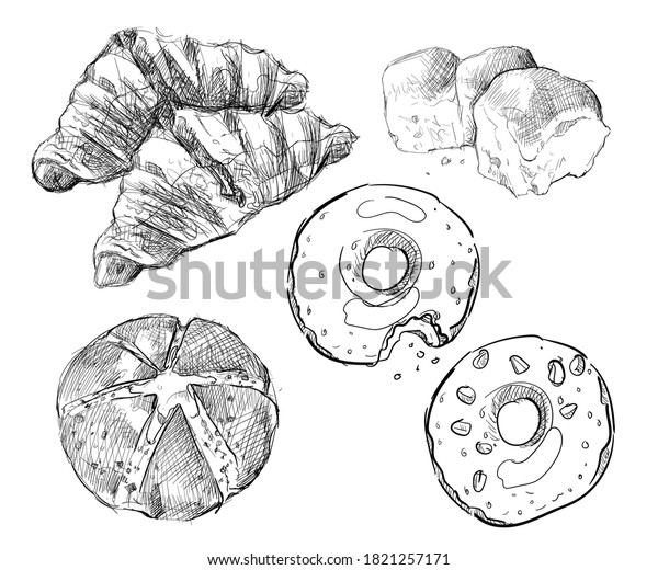 白い背景に韓国のニンニクチーズパンドーナツクロワッサンパフペストリー手描きのスケッチ のベクター画像素材 ロイヤリティフリー