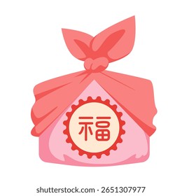 Korean gift bag, decoration and souvenir for holiday event, tradition of Korea. Red pouch with ribbon knot and round happy fortune and lucky wishes label, fabric pocket cartoon vector illustration