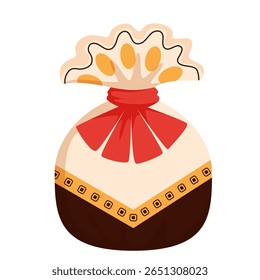 Saco de presente coreano, tradição lembrança feliz na Coreia. Bolsa de pano amarelo com padrão floral e nó infinito, tradicional presente para Ano Novo Lunar ou ilustração de vetor de desenho animado de celebração Chuseok