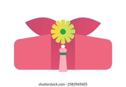 Korean gift box. Traditional asian present and surprise. Giftbox in pink wrapping paper with flower. Holiday and celebration. Flat vector illustration isolated on white background