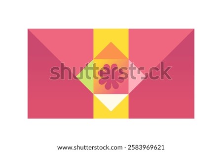 Korean gift box. Traditional asian present. Giftbox in pink wrapper paper. Holiday and festival. Sticker for social networks and messengers. Flat vector illustration isolated on white background