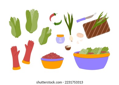 Korean gimjang, annual traditional kimchi cooking. Kimjang ingredients set. Colored flat vector illustration isolated on white background