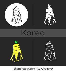 Korean ginseng root dark theme icon. Product for vitality and energy. Chinese medicinal plant. Korean culture. Linear white, simple glyph and RGB color styles. Isolated vector illustrations