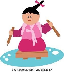 Korean Girl Character Illustrating with Traditional Korean Sledding